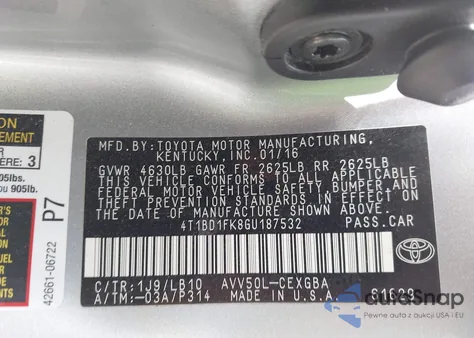 2016 Toyota Camry Hybrid Xle из США, поврежденный, VIN 4T1BD1FK8GU187532